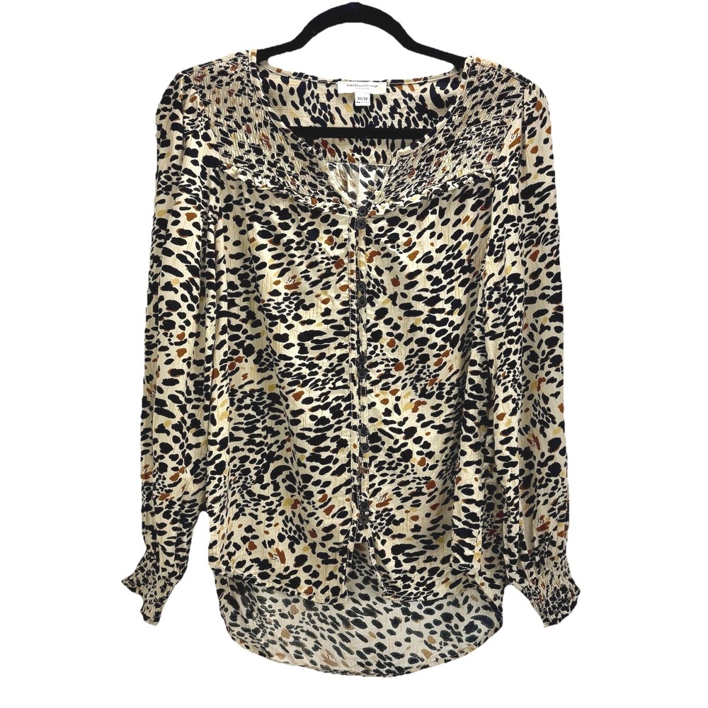 Beachlunchlounge Blouse XS Tan Leopard Smocked Yoke Button Down Animal Print Top